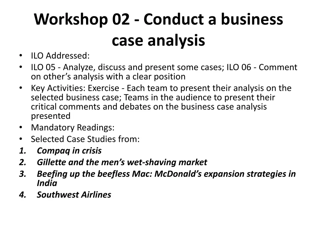 workshop 02 conduct a business case analysis