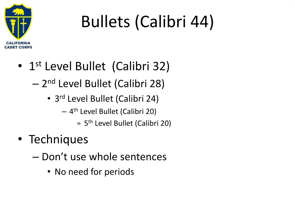 bullets calibri 44