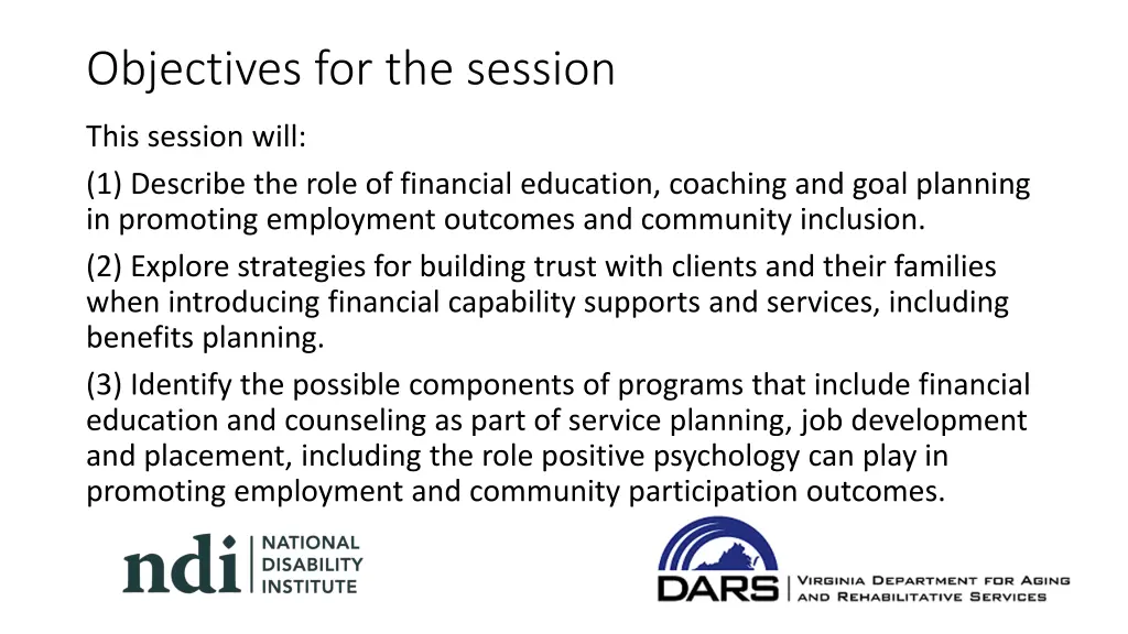 objectives for the session