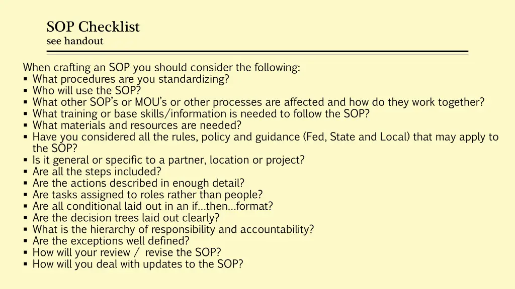 sop checklist see handout