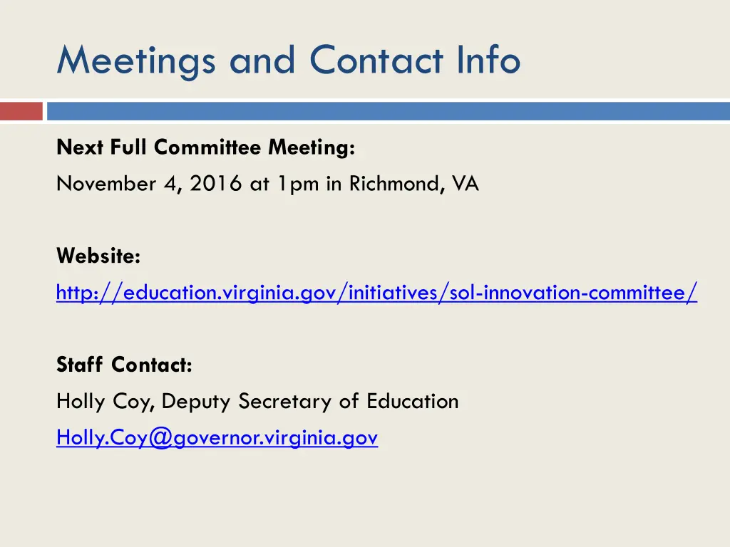 meetings and contact info