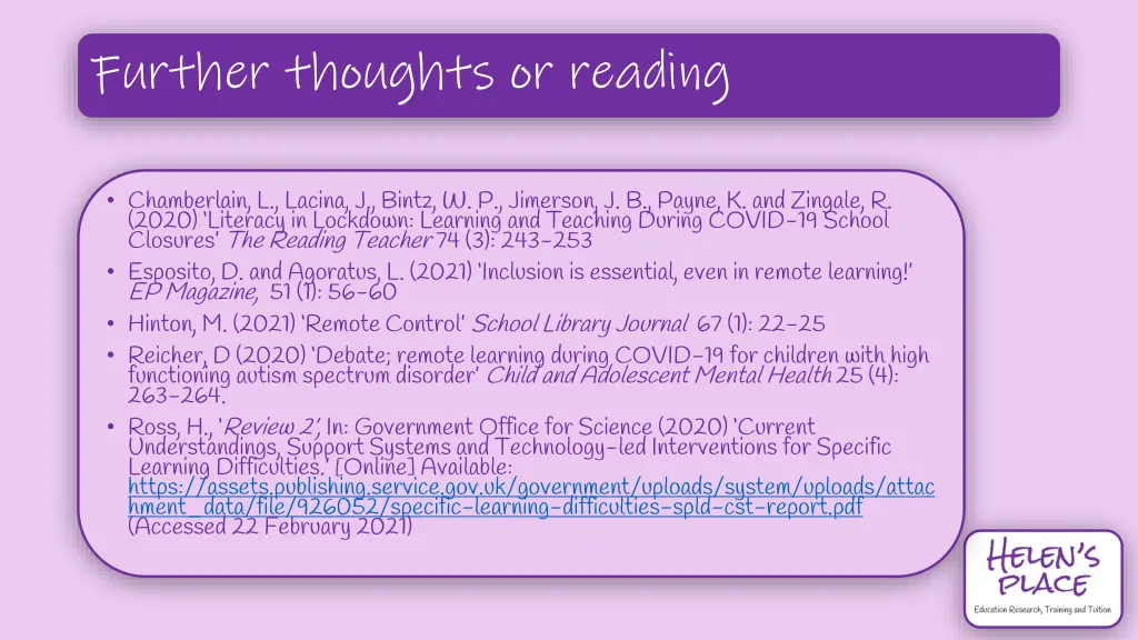 further thoughts or reading