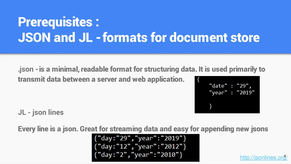 prerequisites json and jl formats for document