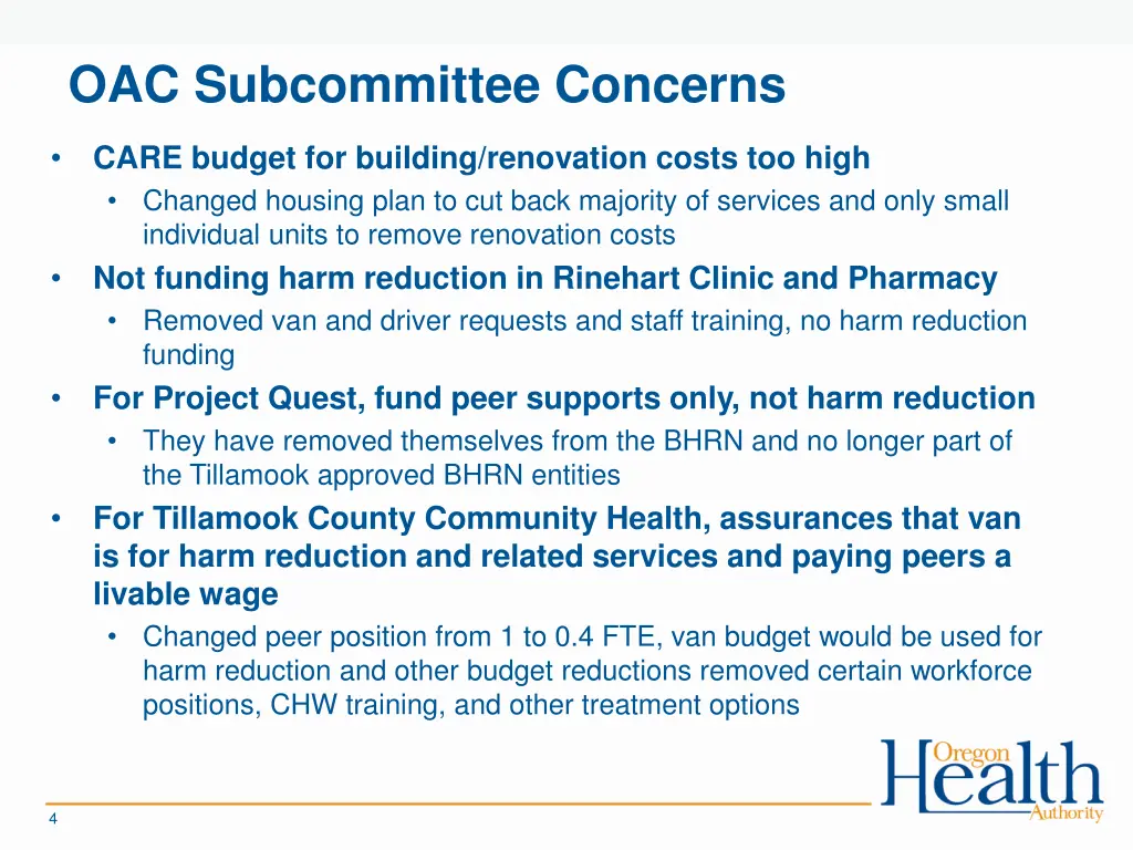 oac subcommittee concerns