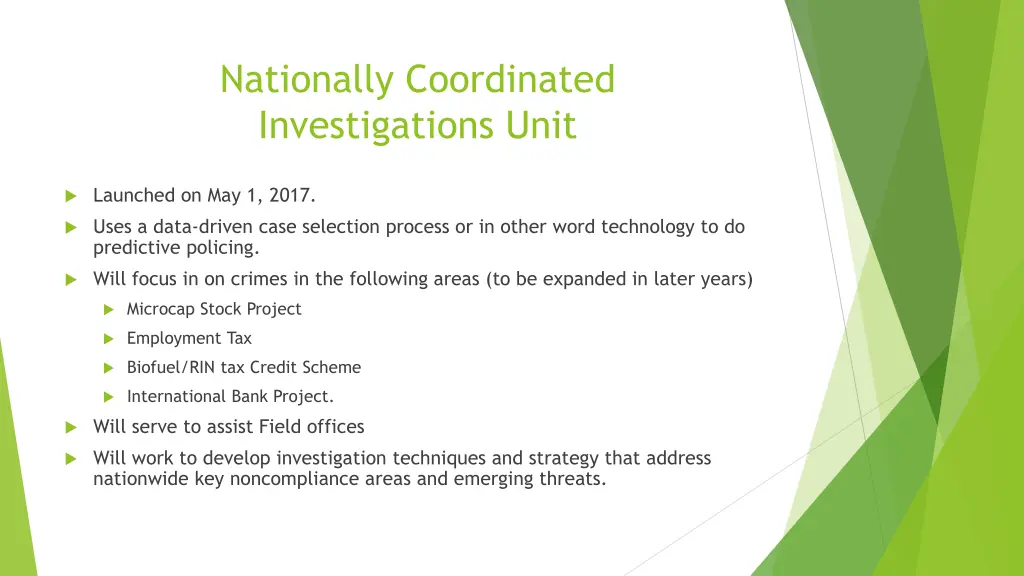 nationally coordinated investigations unit
