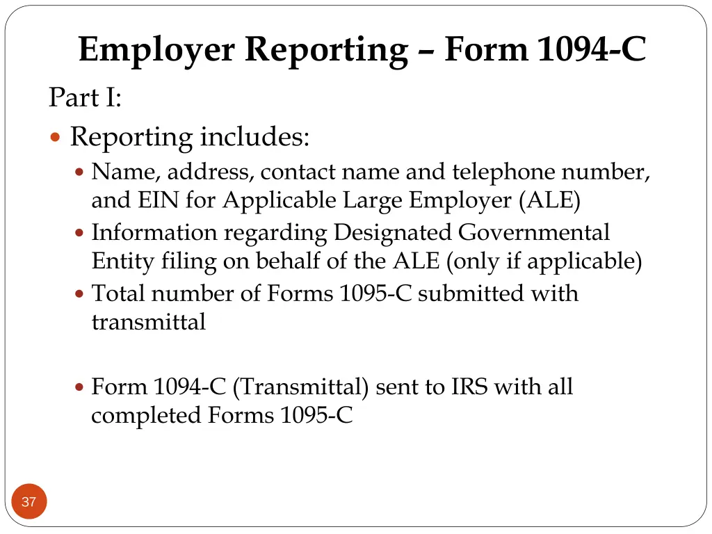 employer reporting form 1094 c part i reporting
