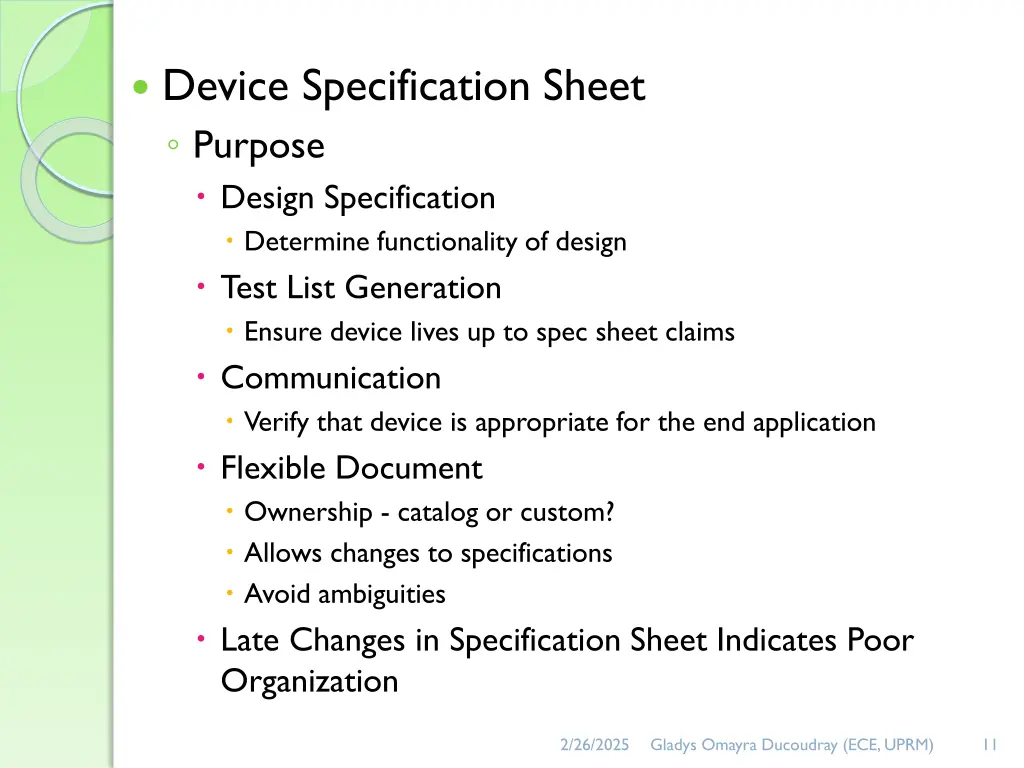 device specification sheet purpose design