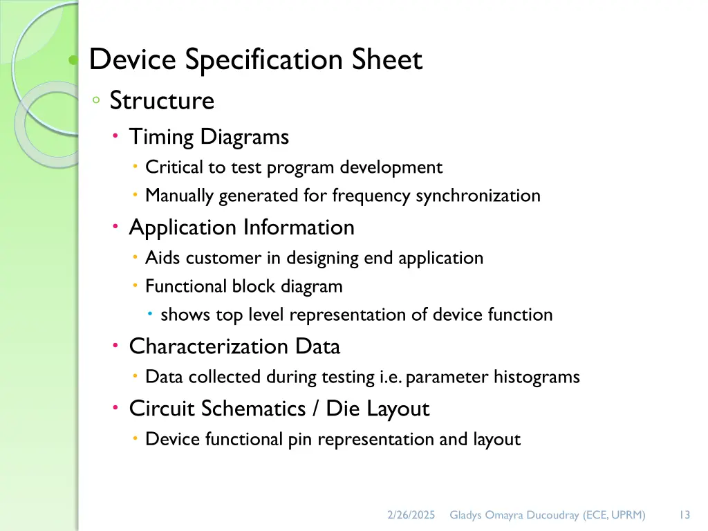 device specification sheet structure timing