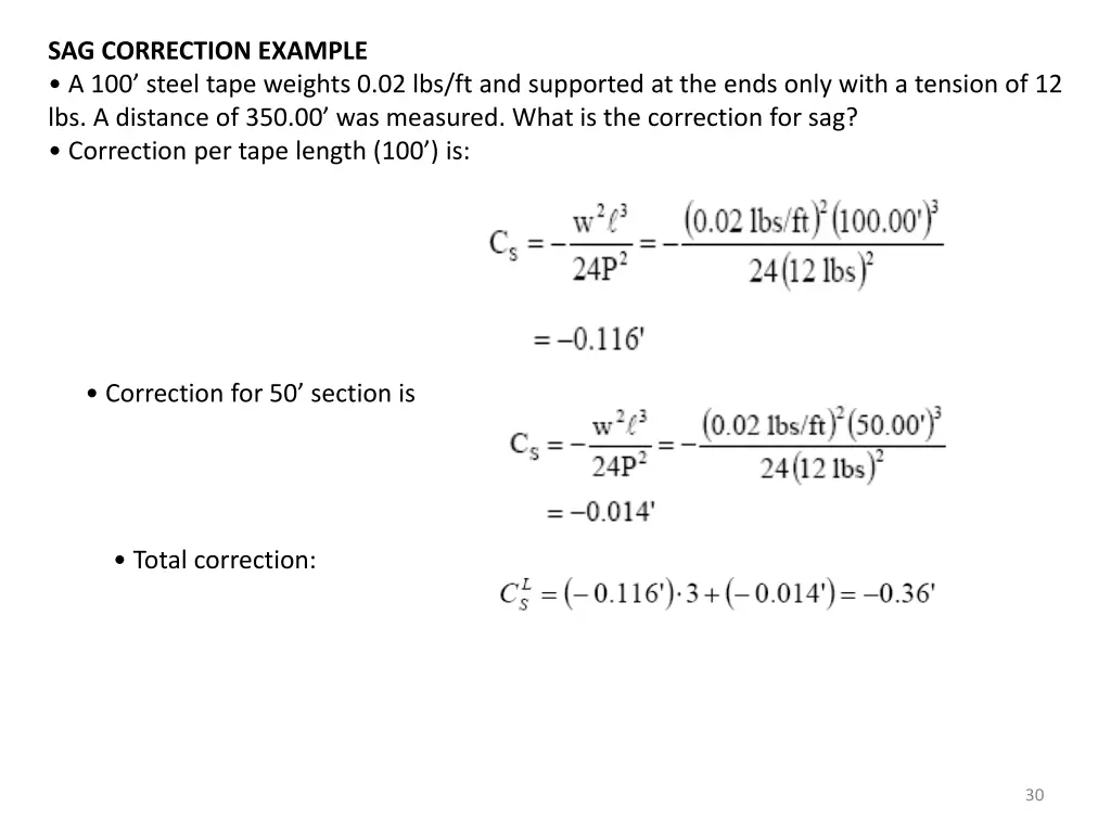 sag correction example a 100 steel tape weights
