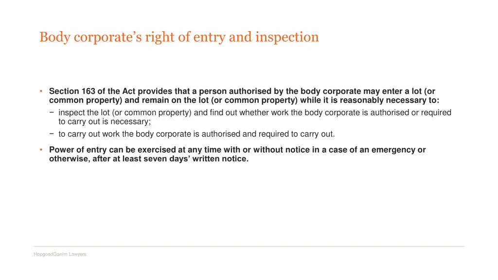 body corporate s right of entry and inspection
