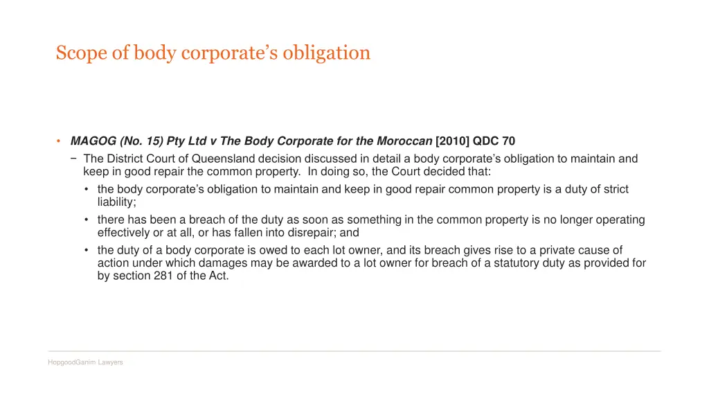 scope of body corporate s obligation