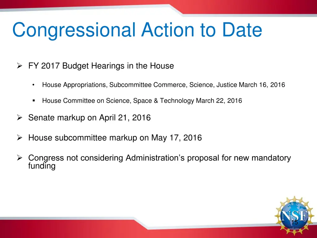 congressional action to date