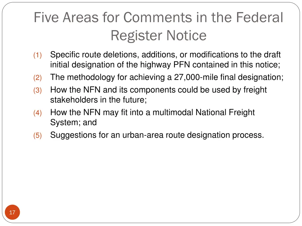 five areas for comments in the federal register