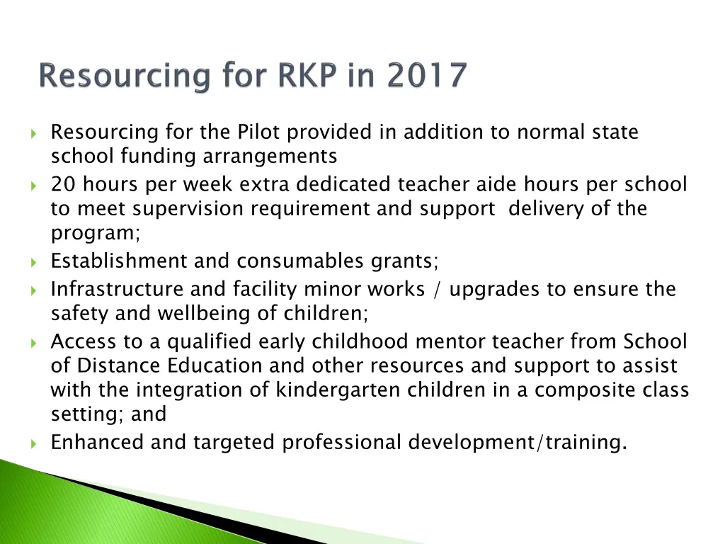 resourcing for the pilot provided in addition