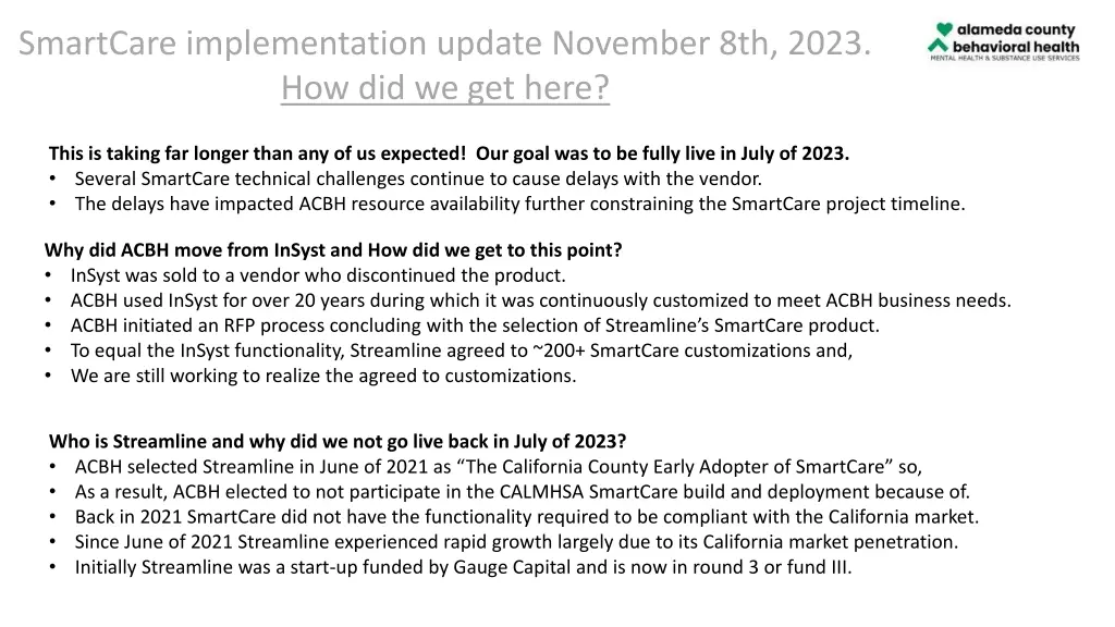 smartcare implementation update november 8th 2023