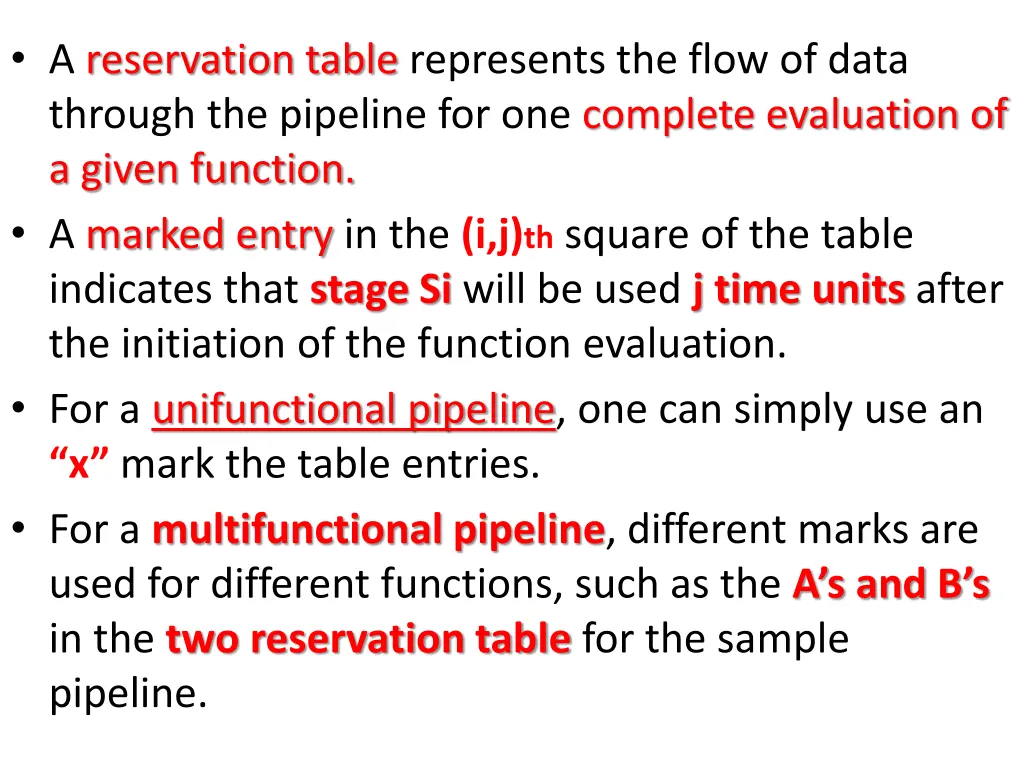 a reservation table represents the flow of data