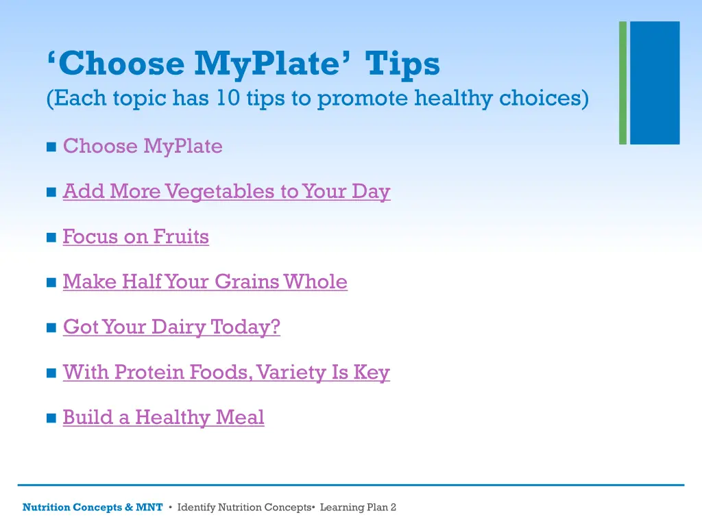 choose myplate tips each topic has 10 tips