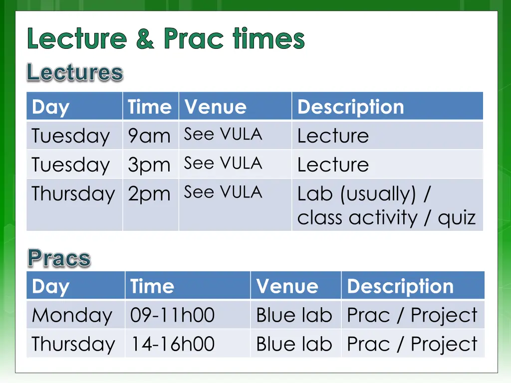 lecture prac times