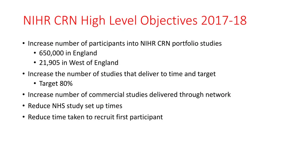 nihr crn high level objectives 2017 18