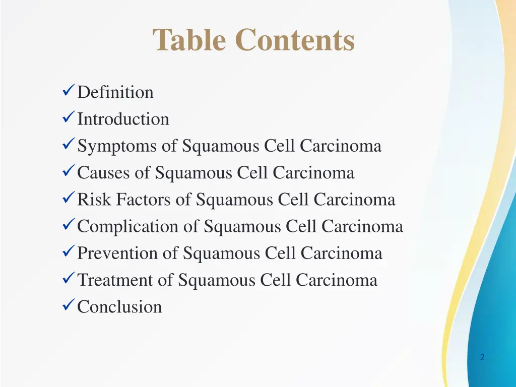 table contents