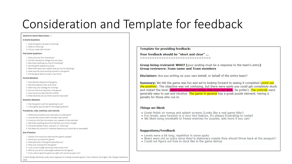 consideration and template for feedback
