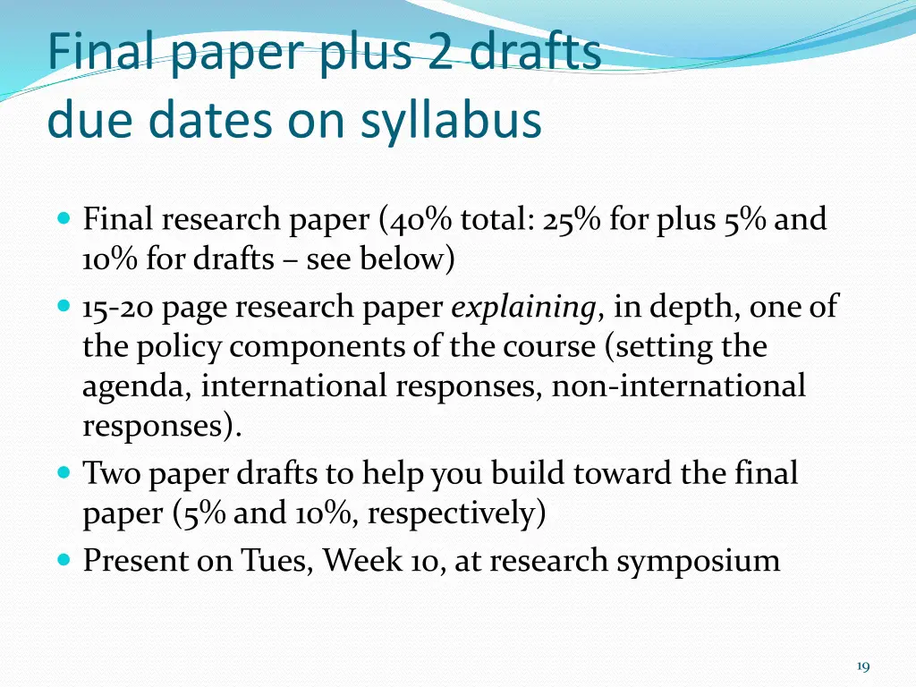 final paper plus 2 drafts due dates on syllabus