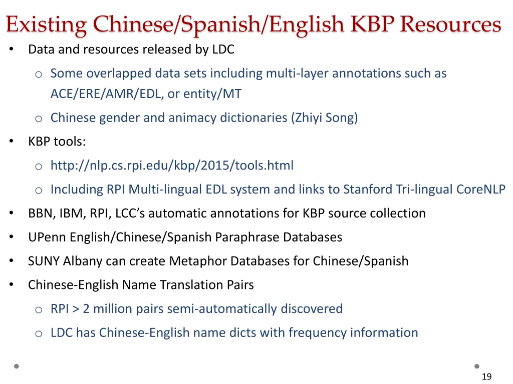 existing chinese spanish english kbp resources