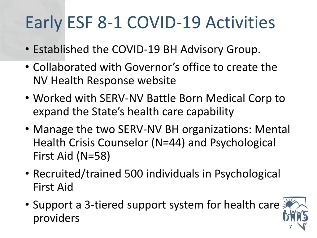 early esf 8 1 covid 19 activities