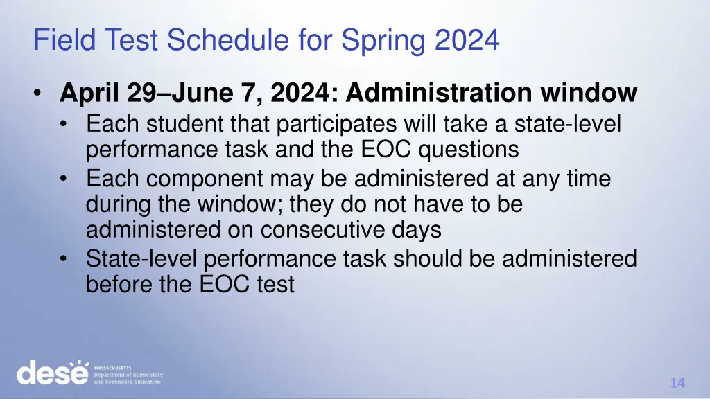 field test schedule for spring 2024