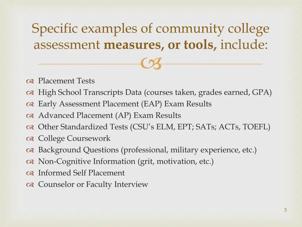 specific examples of community college assessment