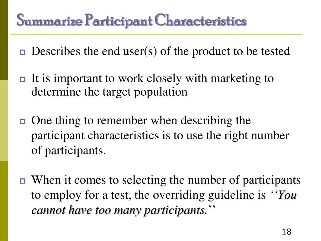summarize participant characteristics summarize