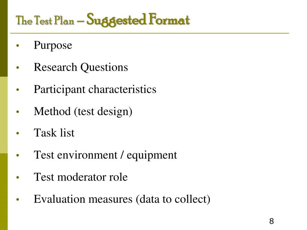 the test plan suggested format suggested format