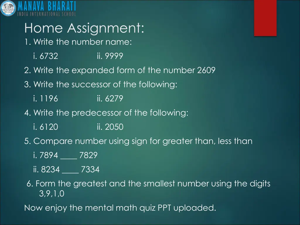 home assignment 1 write the number name i 6732