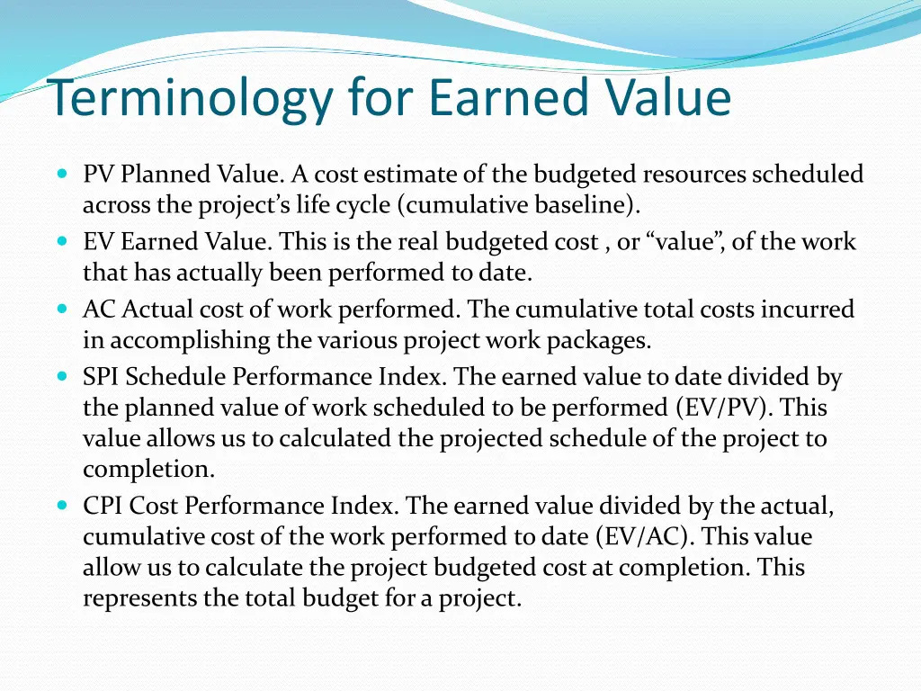 terminology for earned value