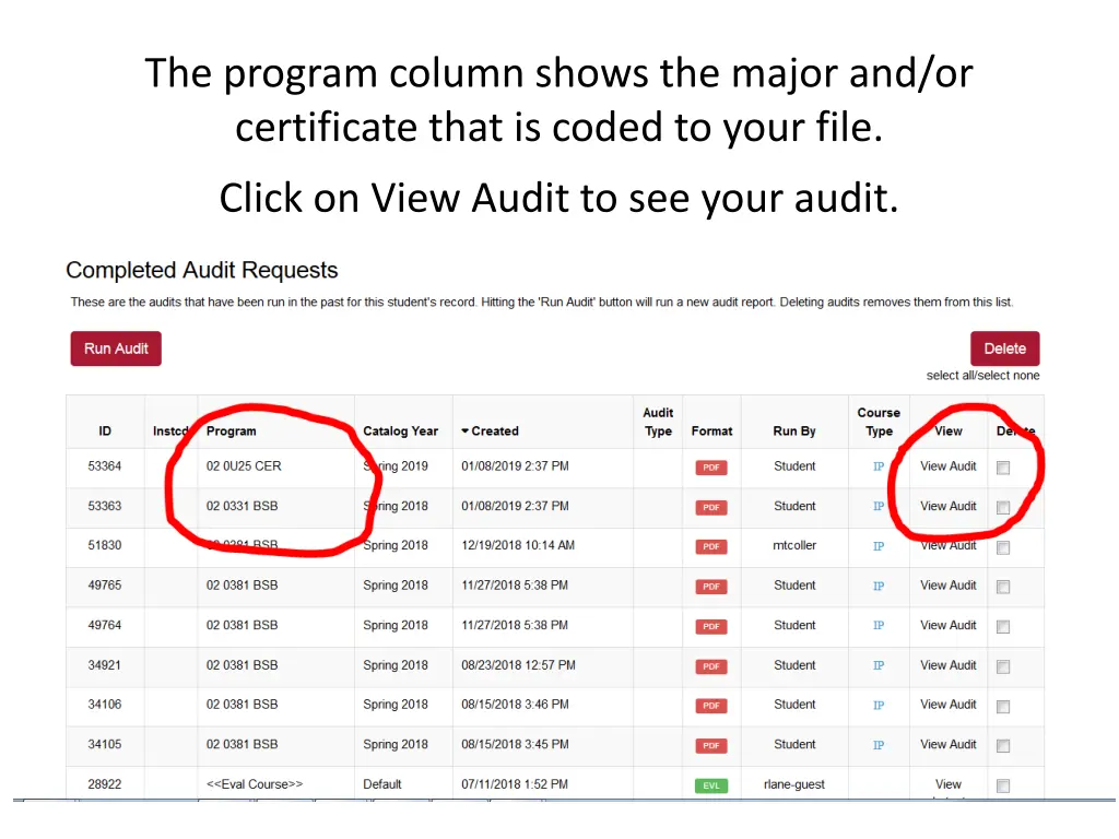 the program column shows the major