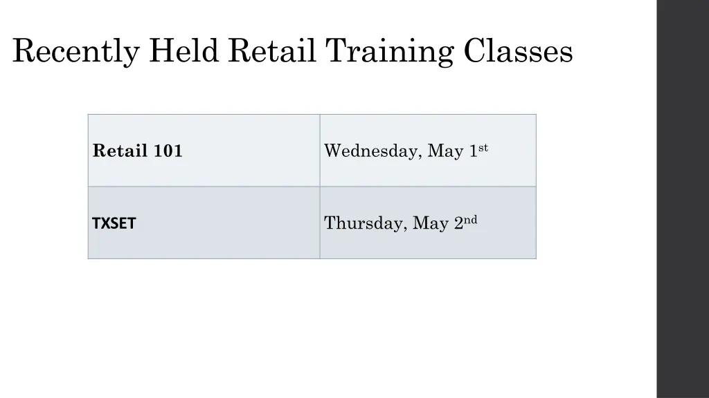 recently held retail training classes