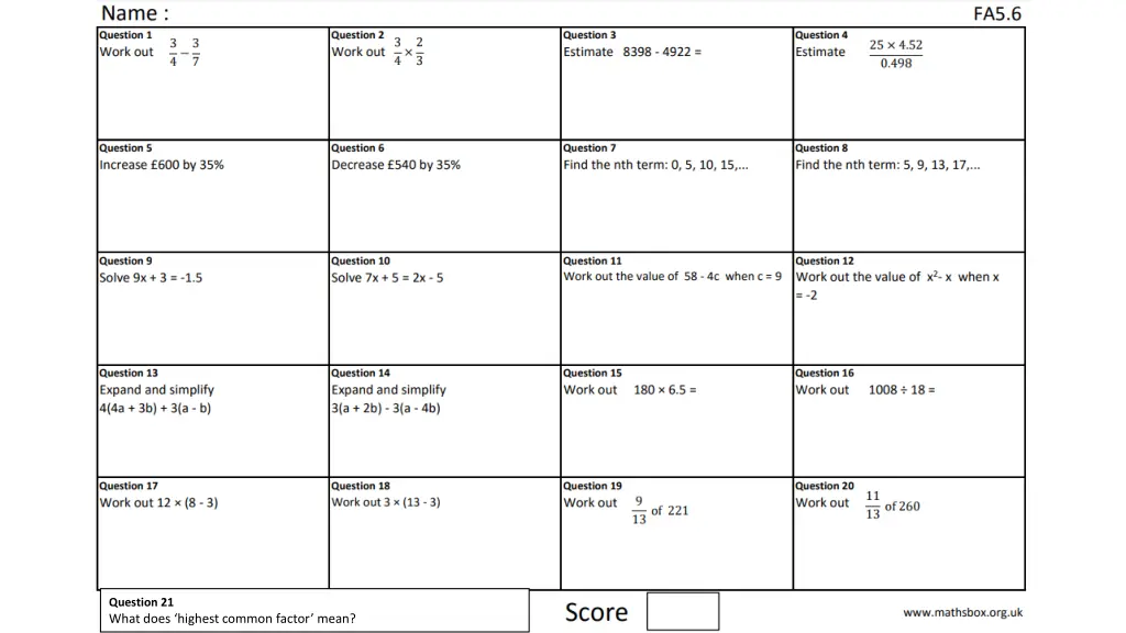 question 21 what does highest common factor mean