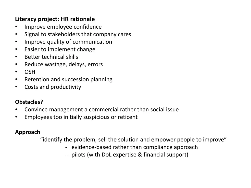 literacy project hr rationale improve employee