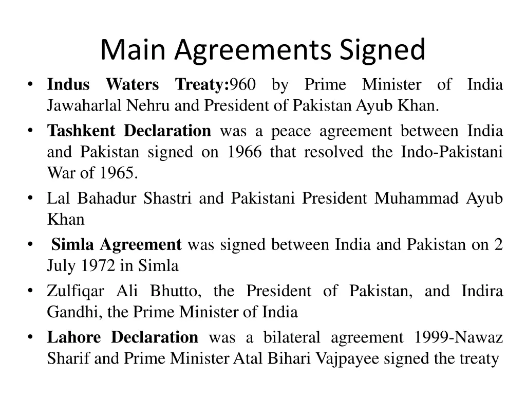 main agreements signed indus waters treaty