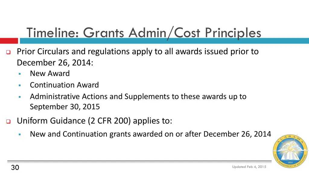 timeline grants admin cost principles