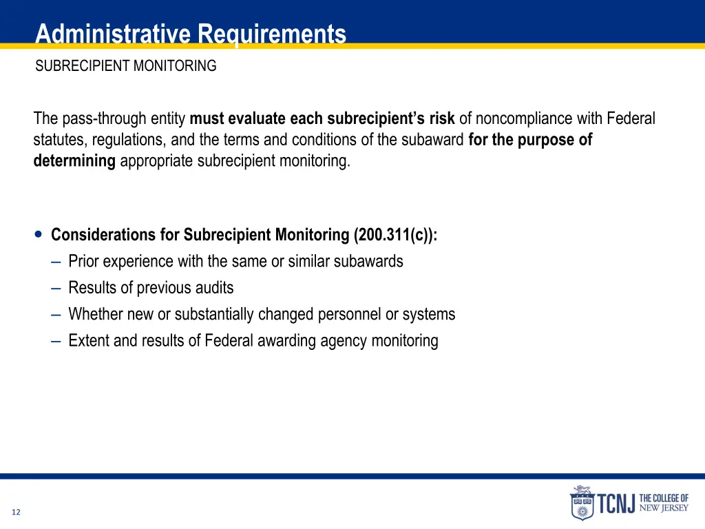 administrative requirements subrecipient