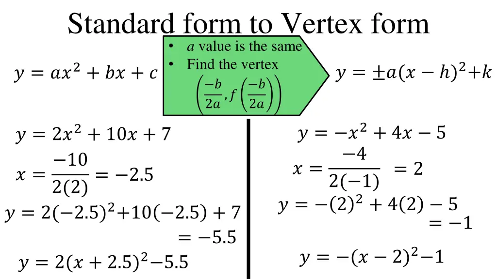 standard form to vertex form a value is the same