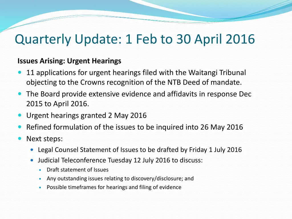 quarterly update 1 feb to 30 april 2016