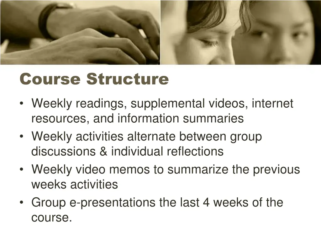 course structure weekly readings supplemental