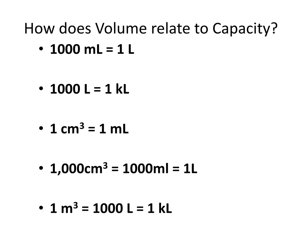 how does volume relate to capacity 1000 ml 1 l