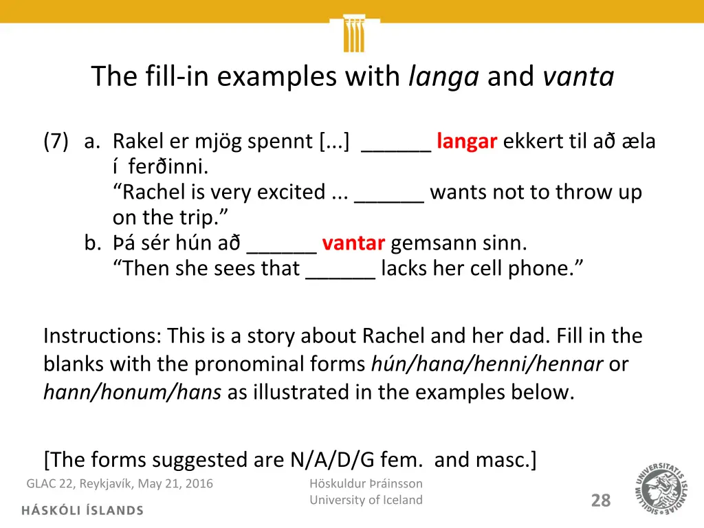 the fill in examples with langa and vanta