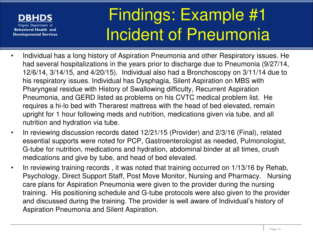 findings example 1 incident of pneumonia