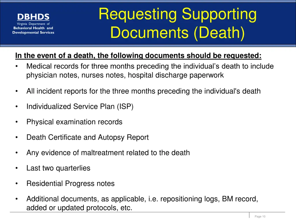 requesting supporting documents death