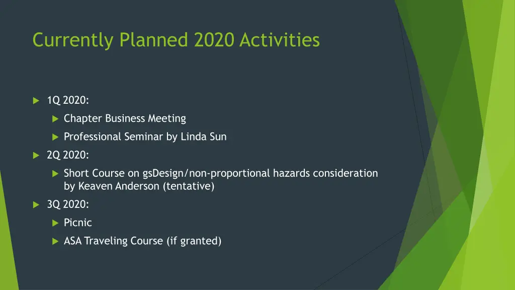 currently planned 2020 activities