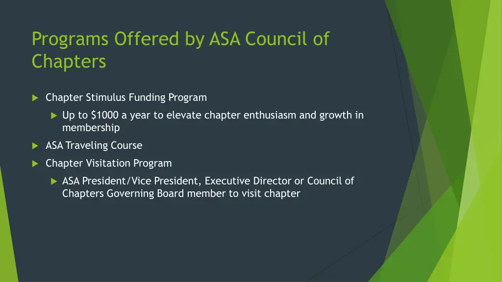 programs offered by asa council of chapters